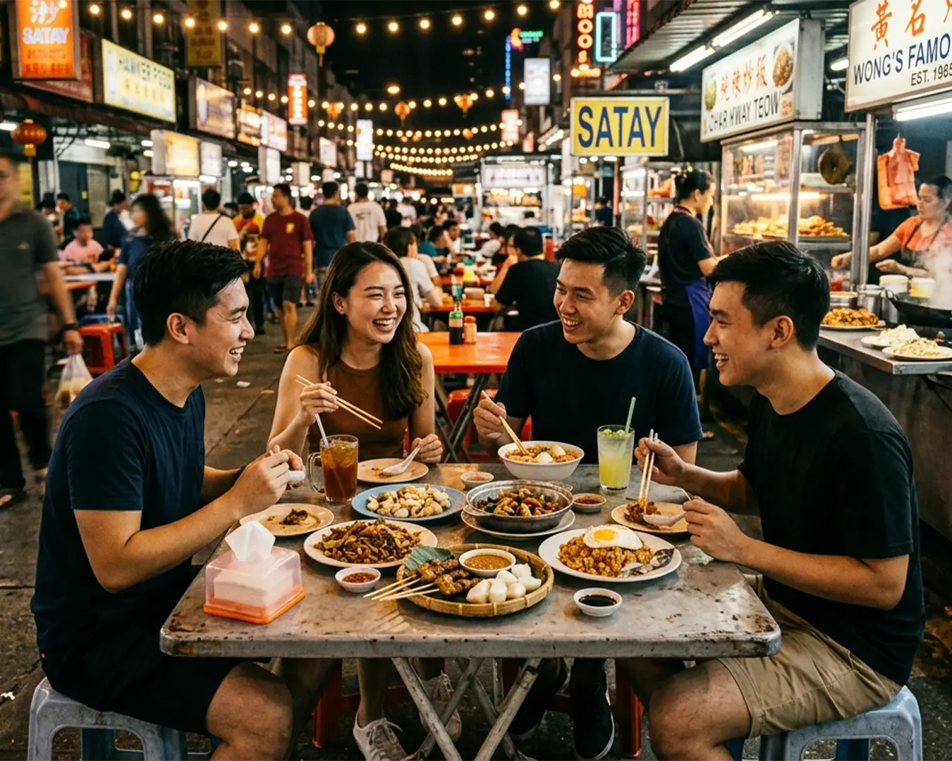 A group of diners sitting together at a street food stall table, enjoying local dishes and chatting in a lively hawker centre atmosphere.