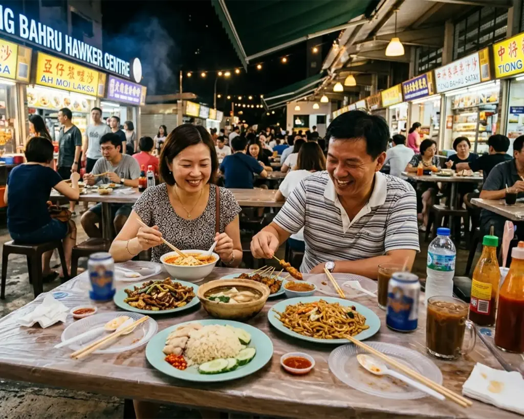Two people sitting at a hawker stall table sharing a casual meal, with plates of local street food and drinks in front of them.
